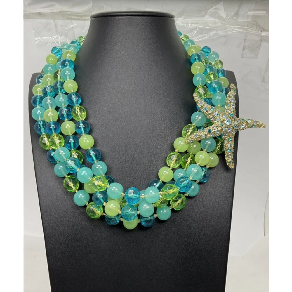 Vintage St. Thomas Blue Green Starfish Beaded Statement Necklace 18"-20" EUC